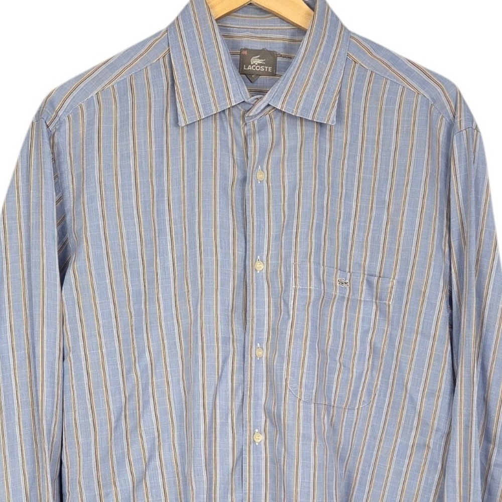 Lacoste Button Down Shirt Mens 44 XL Blue Tan Stripe Long Sleeve Cotton Casual